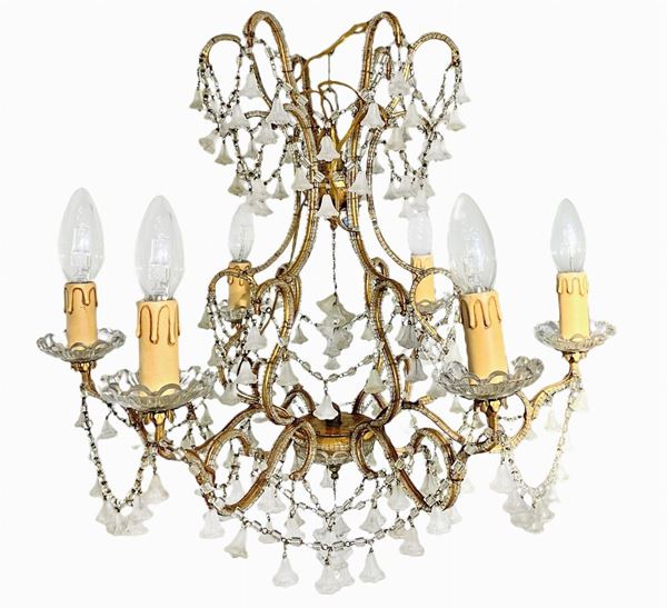 Chandelier 6 lights with pendalogues metal and glass plates, early twentieth century. H 50 cm, diameter 60 cm