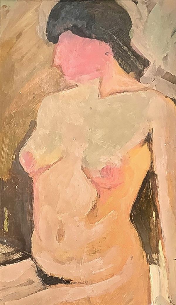 Oil painting on panel depicting nude woman. 20-30s. In contemporary frame. 26,5x15 cm, in frame 34x26 cm