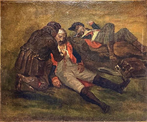Dipinto ad olio su tela raffigurante soccorso a soldati feriti, XIX secolo. Cm 23,5x28,5. Senza cornice