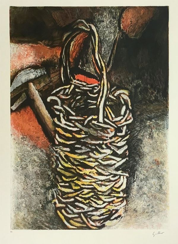 Renato Guttuso - Etching depicting basket with hammer. P.A. Guttuso. In frame 100x800 cm