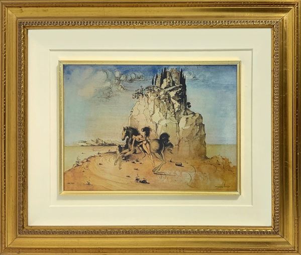 Litografia raffigurante castello con cavallo e amazzoni, 188/195, firmato in basso a destra Dal&igrave; (Figueres 1904-1989). Cm 28x38, in cornice cm 54x64