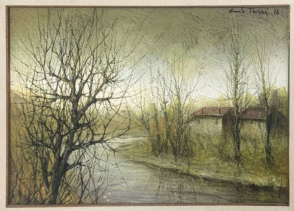 Oil paintinging on canvas depicting "Bondeno" signed on the upper right Carlo Tassi and dated '78. 40x60 cm, in frame 65x85