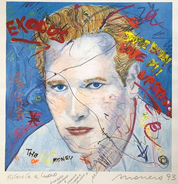Enrico  Manera - Litografia ritoccata a mano raffigurante volto di giovane, firmato in basso a destra Manera e datata ’93. Cm 70x65, in cornice cm 87x85