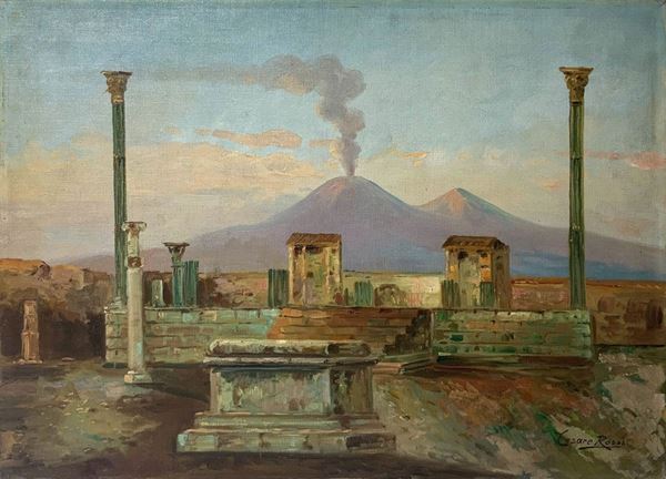 Oil paintinging on canvas depicting Vesuvius and Roman ruins, the twentieth century. signed on the lower right corner Cesare Rossi (Cerreto Grue-Alessandria, 1942 &ndash; Bergamo, 1988). Cm 50x68. Painted devoid of frame.