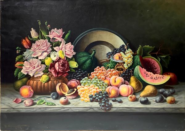 Oil paintinging on canvas depicting still life of flowers and fruit, late nineteenth century. signed on the lower left corner H. Nernjupt. H 73x100 cm. With no frame