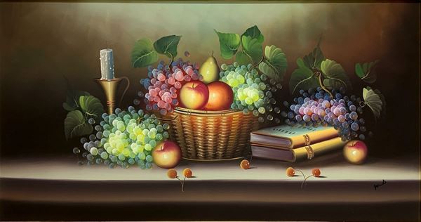 Oil paintinging on canvas depicting still life with wicker basket. 59x119 cm, in frame cm 85x145