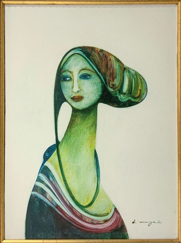 Dipinto ad olio su tela raffigurante volto di donna, firmato D&rsquo;Angelo (Catania). In cornice cm 86x76