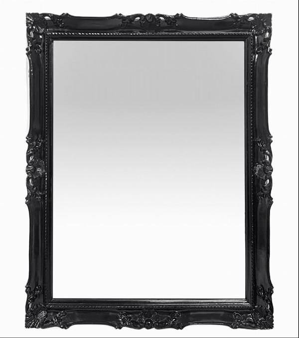 Specchiera shabby chic laccata nera in cornice del XIX secolo. H cm 94x72