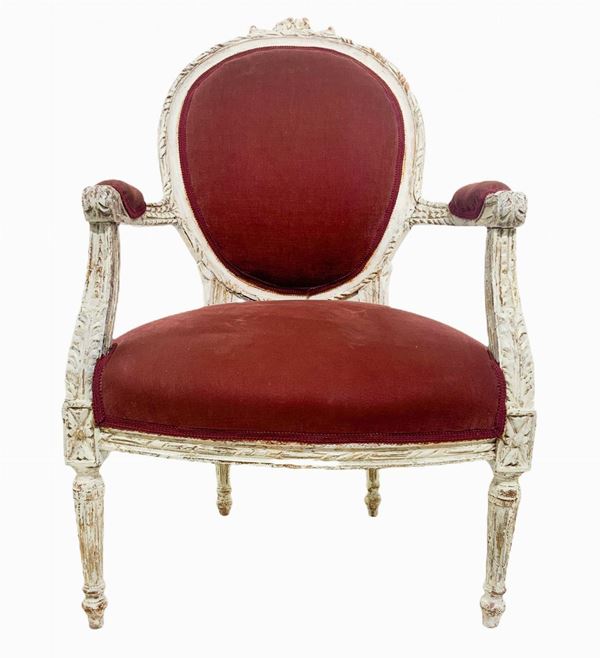 Armchair shabby chic white lacquer, burgundy fabric. H 98x62 cm