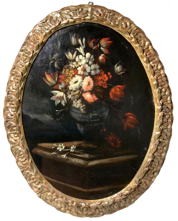 Mario Nuzzi Mario de' Fiori - Trionfo di fiori in vaso di bronzo su piano di pietra