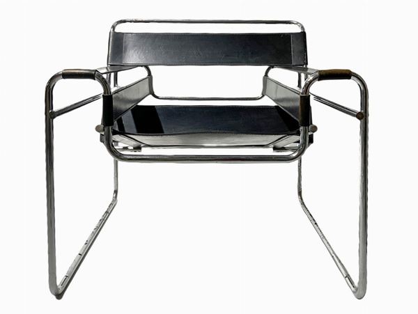 Gavina, poltrona disegno  Marcel Breuer, modello Vassili. Anni '80,Poltrona con struttura in metallo tubolare cromato, seduta e spalliera a fasce di ... 