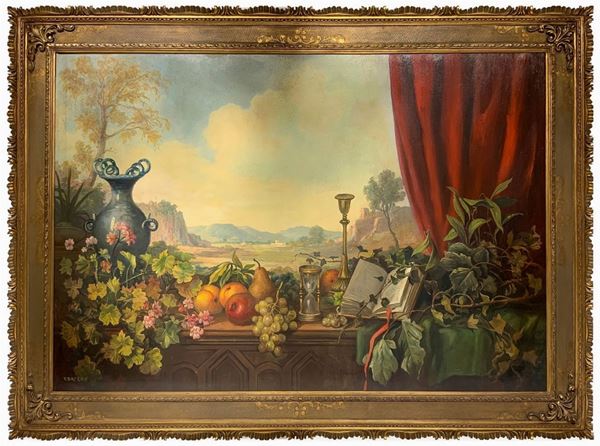 Natura morta di frutta con paesaggio