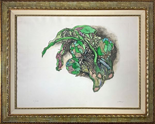 Guttuso, incisione ad acquaforte raffigurante carciofi. N. 31 su 100, datata 79. 
Cm 58,5x79,5, in cornice cm 80x100 