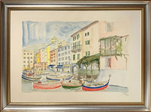 Max Dissar (1908-1993), acquarello su carta raffigurante paesaggio marino con case. localit&agrave  Camogli, firmato in basso a destra e datato '67. ... 