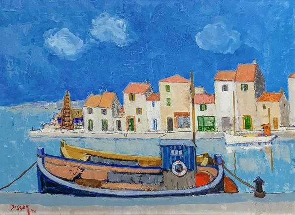 Max Dissar (1908-1993), dipinto ad olio su tela raffigurante paesaggio marino con case. firmato fronte e retro
Cm 30x40, in cornice cm 50x60