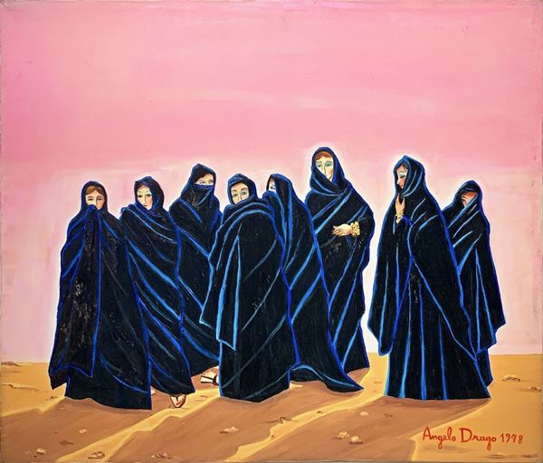 Dipinto ad olio su tela raffigurante donne con vesti nere nel deserto. firmato in basso a destra Angelo Drago e datato 1978. Drago Angelo (Ct 1930/Ct ... 