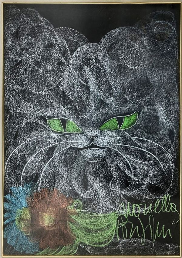 Dipinto a pastello raffigurante gatto con fiori, firmato in basso a destra Novella Parigini. 
Cm 68x48, in cornice cm 84x64