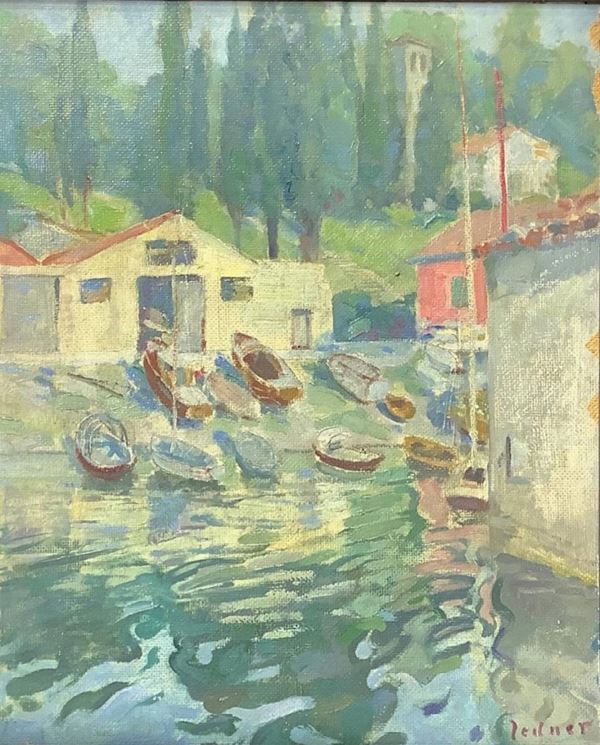 Dipinto ad olio su masonite raffigurante paesaggio fluviale con barche e case. firmato in basso a destra Ledner.
Cm 44x35, in cornice cm 64 x 55