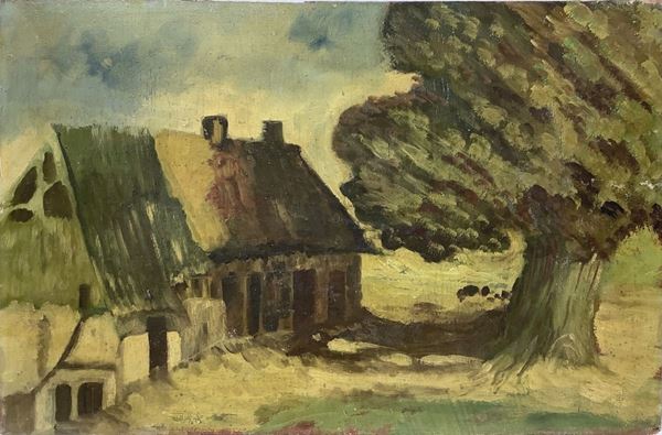 Dipinto ad olio su tavola raffigurante paesaggio con casa e quercia. Privo di cornice.
Cm 39,5 x 61