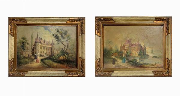 Coppia di dipinti ad olio su rame raffigurante Castelli della Normandia. Inizi XX secolo, firmati con monogramma F.G. (Giuseppe Felici). H cm 32x50