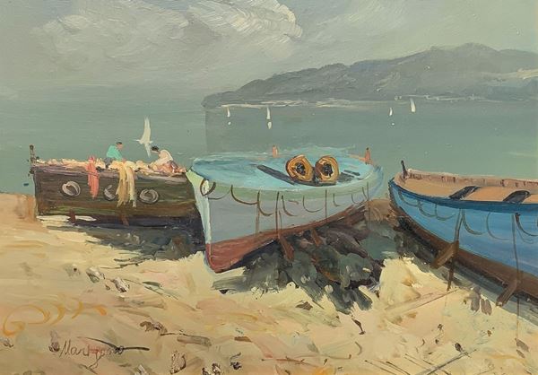 Oil painting on plywood depicting dry boats. Signed at the bottom left. 28x38 cm, in 49x59 frame
28x38 cm, in 49x59 frame