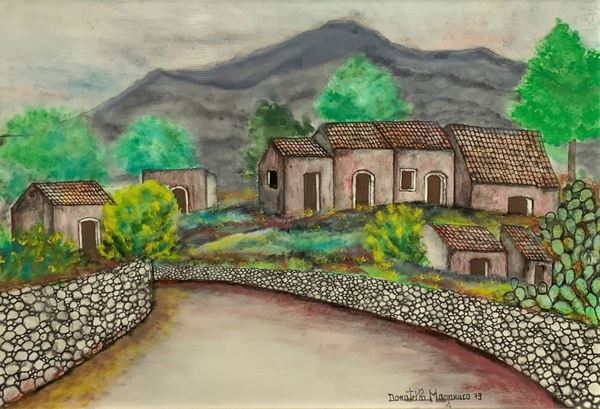 Oil painting on Masonite depicting houses on the slopes of Etna. Signed at the bottom right Donatella Maganuco (Catania, 1944-2011) 35x50 cm, in ...