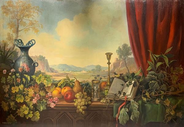 Oil on canvas depicting still life of fruit with landscape, signed Uvackan. 90x130 cm, in Frame 110 x 154 cm.
90x130 cm, in Frame 110 x cm ...