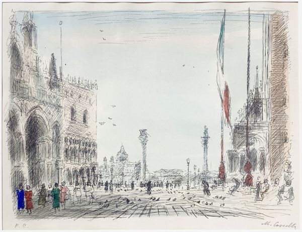 Litografia (fuori commercio) a colori raffigurante Piazza San Marco di Venezia. dalla piazzetta dei Leoni 1951, firmato in basso a destra M.Cascella ... 