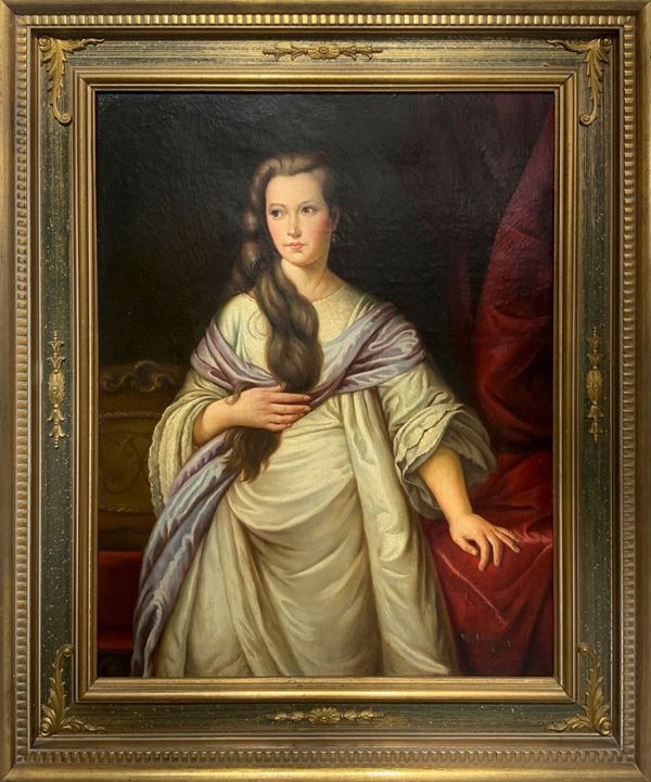 Dipinto ad olio su tela raffigurante ritratto di donna. W. Hoger. Dipinto ad olio su tela raffigurante ritratto di donna. W. Hoger. Cm 65x50, in ... 