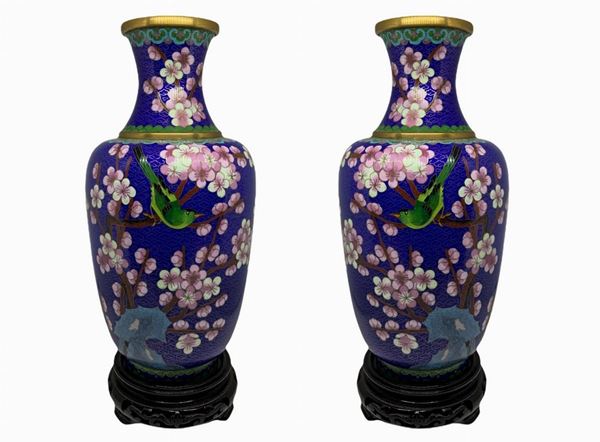 Coppia vasi cinesi CloisonnÃ¨. 
H cm 34
