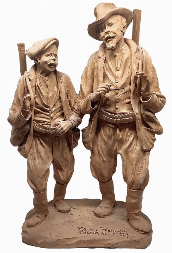 Monochrome terracotta figurine depicting a couple of hunters with rifles.