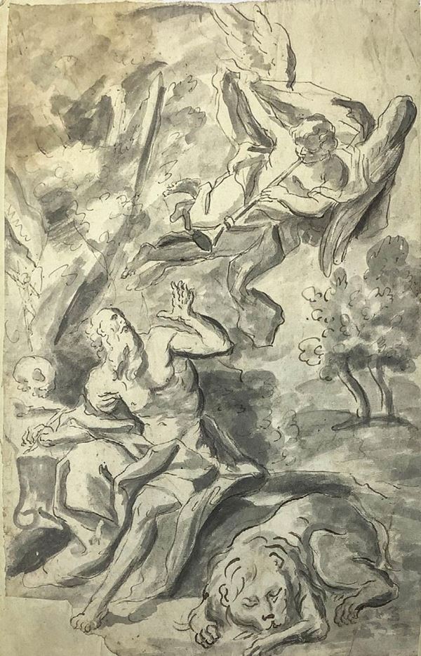 Disegno raffigurante S. Girolamo che traduce le Sacre Scritture, Pietro Novelli, detto il Monrealese (Monreale 1603-1647 Palermo), attribuito. Disegno acquerello su carta, inchiostro bruno. Mm 209x260. 