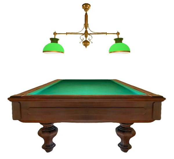 Billiards for carambola, walnut wood structure. Fine XIX, early 20th century, equipped with two-light vintage chandelier, with brass structure and ...