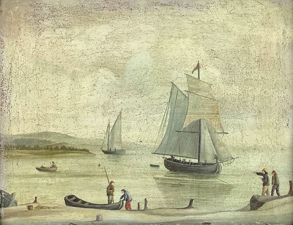 Dipinto ad olio su rame raffigurante marina con barche e personaggi, XVIII secolo, Olanda. Cm 16x20,5. In cornice 24,5x28,5.