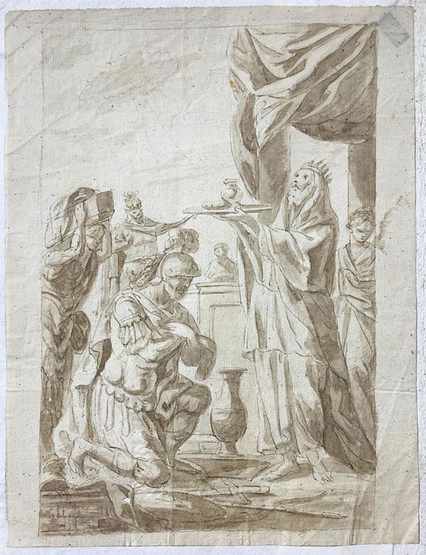 Disegno inchiostro a seppia raffigurante soldato genuflesso davanti al re,  anonimo del  XVIII, sec. 180x240mm 