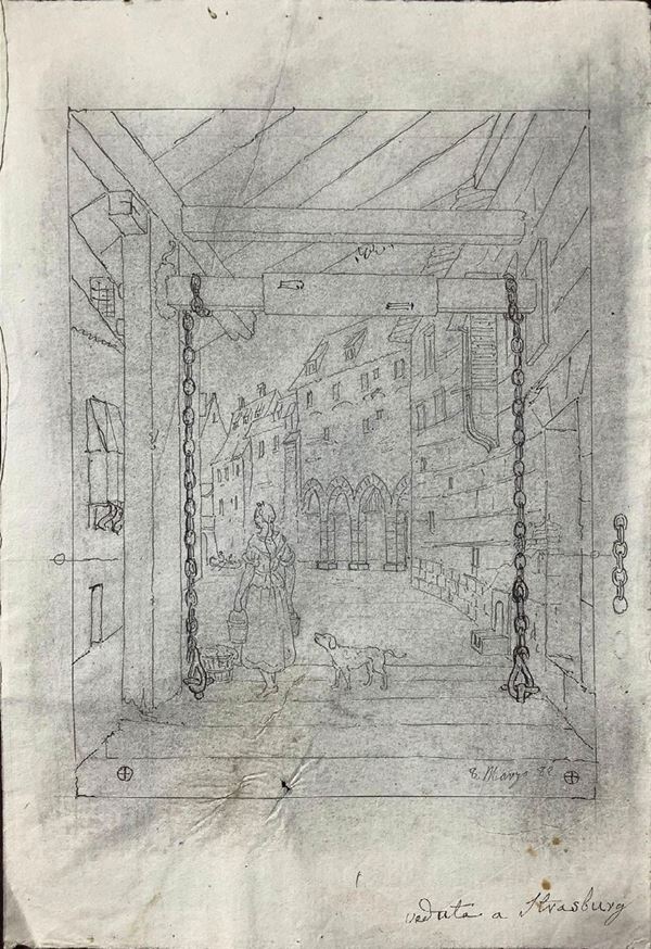 Disegno su carta a matita ed inchiostro raffigurante veduta su Strasburgo, anonimo del XIX.  Datato 8 marzo 82. 310x315mm