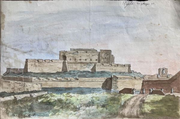  watercolor piece drawing on paper depicting the fortress Agosta, Roma, dated 25 May 73. 215 x 320 mm