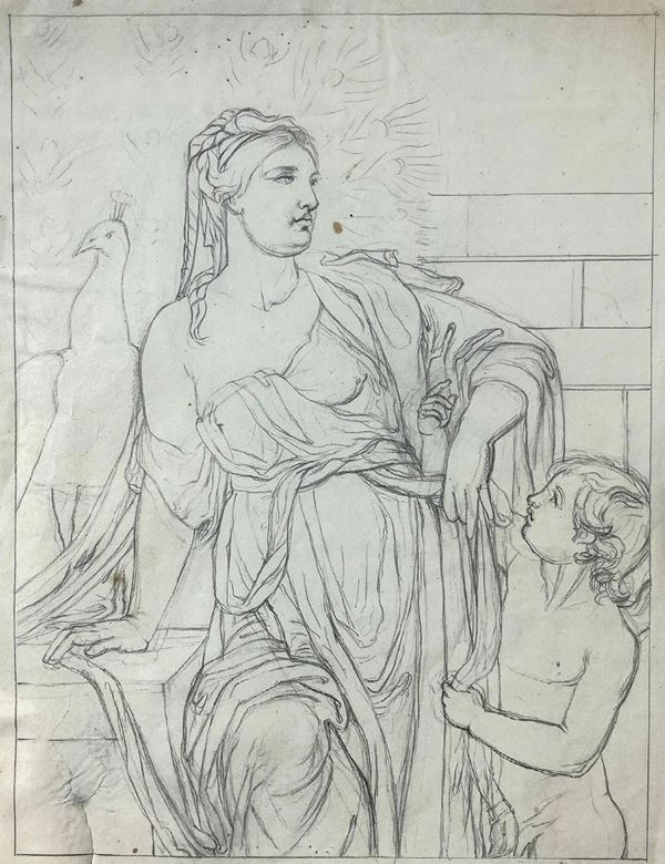 Disegno a matita su carta di stile Neoclassico raffigurante figura di donna con bambino e pavone alle spalle, anonimo del  XIX sec. 370x285 mm