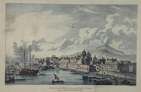 Louis-Jean Desprez - Stampa di Catania con Etna vista dal dal porto, disegnatore Louis Jean Desprez (Auxerde 1743-1804 Stoccolma). Mm 250x360. In cornice in legno di noce cm 45x56.