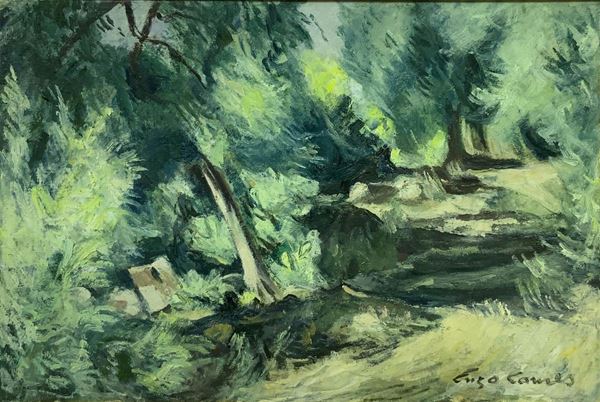 Dipinto ad olio su tela raffigurante composizione con alberi, Enzo Comes, XX secolo. Cm 40x50, in cornice 60x80. Firmato Enzo Comes in basso a destra