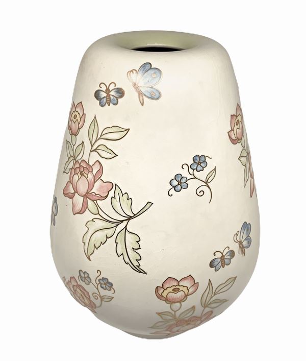 White earthenware vase modeled casting painted with flowers and butterflies. Lenci - Turin, Fanny Guintoli design. H 28 cm