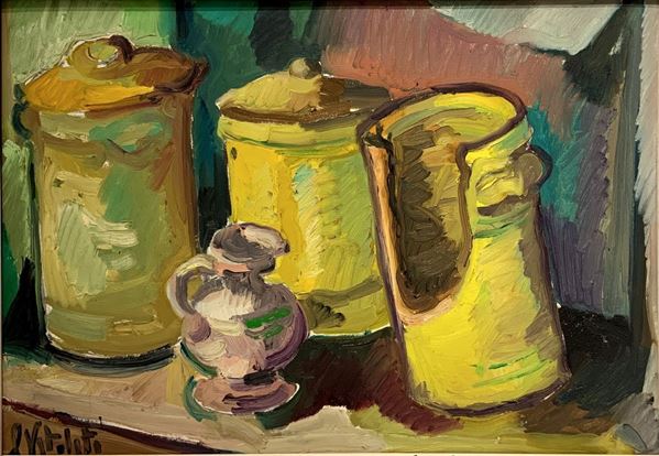 Oil painting on canvas depicting still life of vases, Vitaliti. Cm 50x70. signed on the lower left.