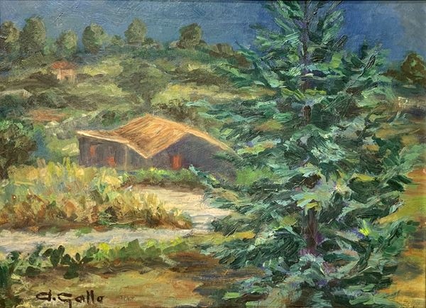 Oil painting on masonite depicting cottage in the woods. signed on the lower left A.Gallo. 29x38 cm, 50x62 in frame xcm