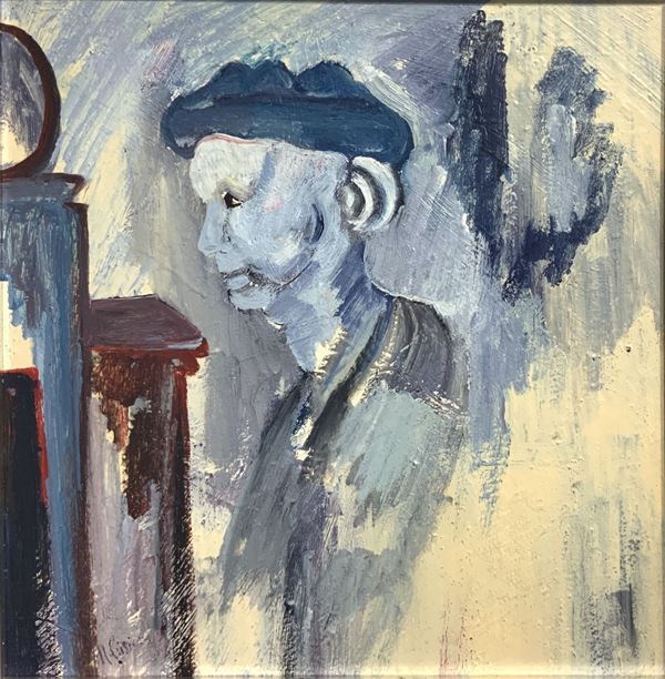 Natalia Criscione - Oil painting on chipboard depicting man profile. signed on the lower left and back Natalia Griscione. 33x33 cm, in frame 52x52 cm