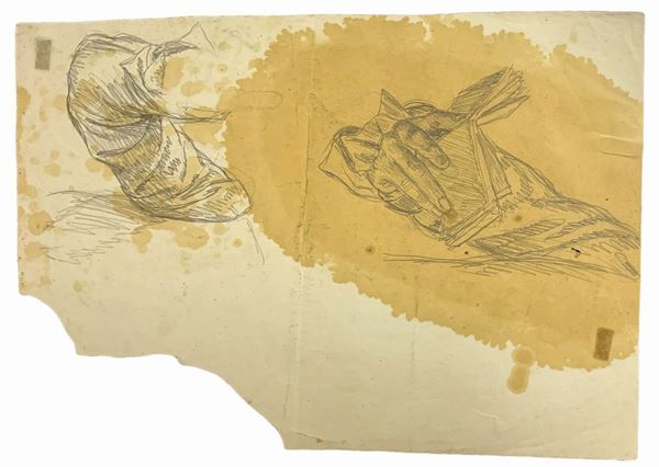 Disegno a matita su frammento di carta in parte seppiata, raffigurante studio di mani e braccio. XIX secolo. Mm 305x200