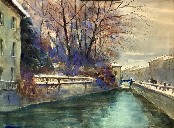 Watercolor on cardboard depicting the Lungarno, the early twentieth century. signed on the lower right. 50x67 cm, in frame 70x87 cm