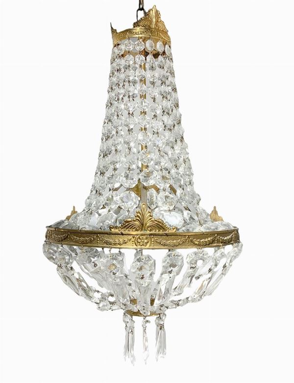 Chandelier nymph brass with glass pendalogues, early twentieth century. H 55 cm, diameter 30