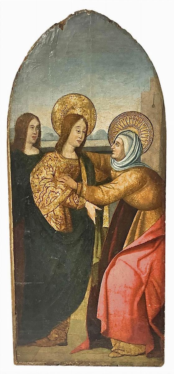 Fondo Oro raffigurante Madonna in visita a Santa Elisabetta e personaggio
Attribuito a Roberto D’Oderisio (1335 ca - Napoli 1386 ca). Cm 79x36
Oderisio può essere considerato il più importante artista napoletano sul quale confluisce la cultura giottesca e senese.
La ricerca volumetrica e l’attenzione ai valori cromatici e luminosi sono stati determinanti per la sua formazione, e in particolare nel dipinto in esame, questi elementi sono evidenti e tali da poterlo denominare un epigono trecentes