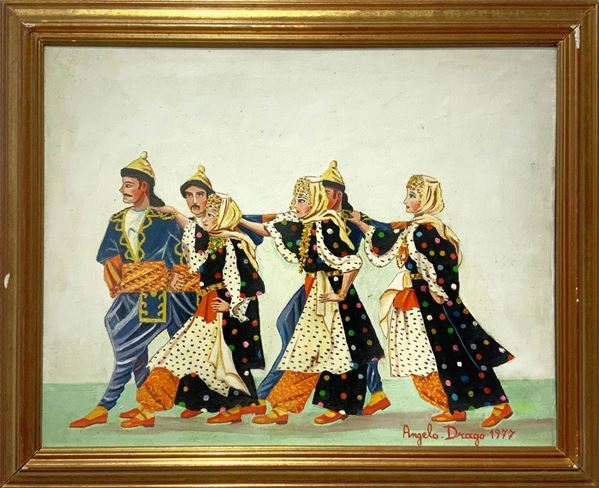 Dipinto ad olio su tela raff. Personaggi orientali, Drago Angelo (Ct 1930/Ct 2020), cm 60x50. Firmato e datato in alto a sinistra 1977