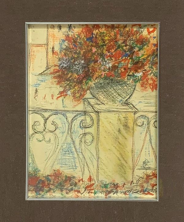 Michele Cascella (Ortona Milan 1892- 1989), mixed media painting pencil, charcoal and pastel, paper mounted on canvas of flowers, signed and dated Michele Cascella 02.18.84. 28x20 cm, wooden frame in silver leaf 62x47 cm